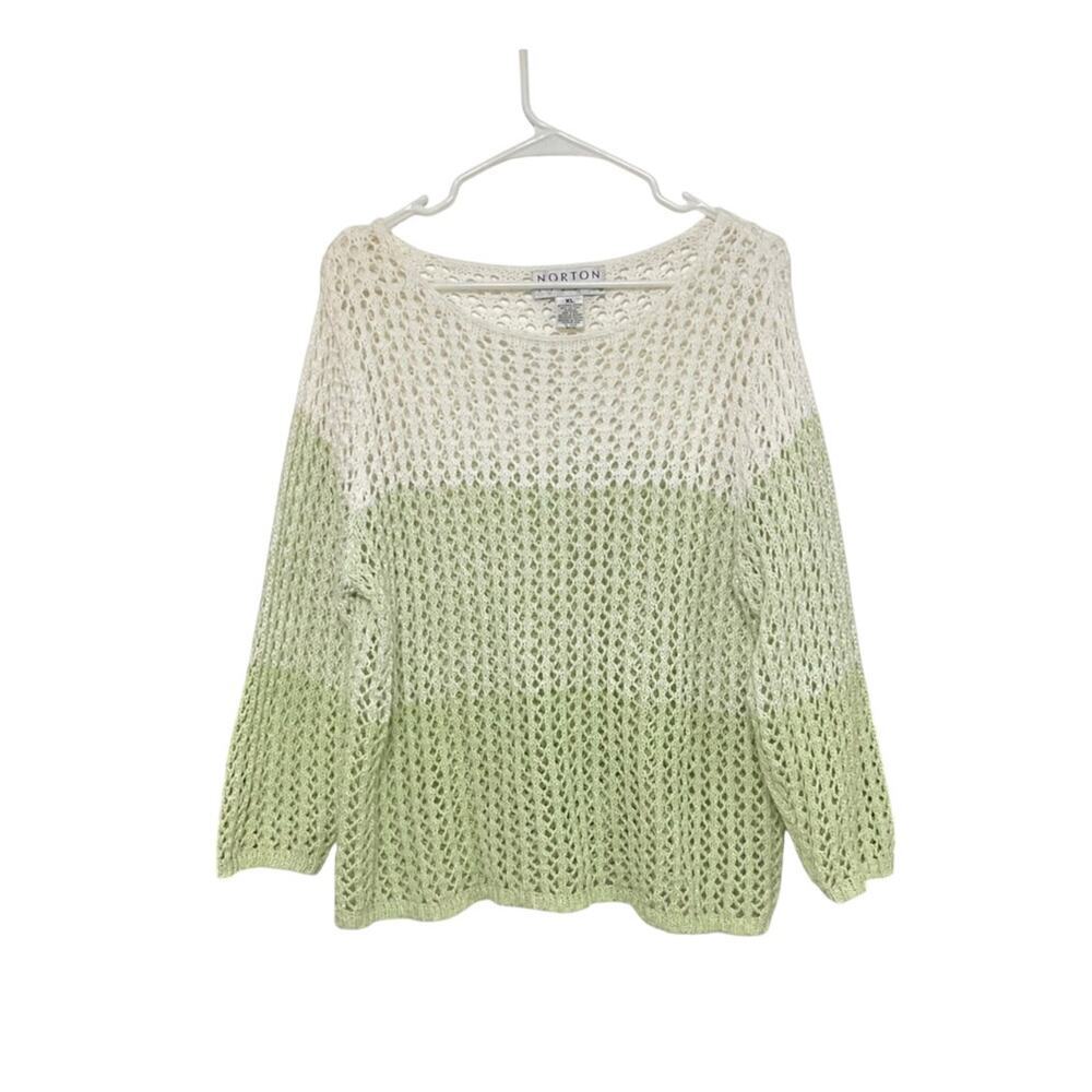 VTG 90s Ombre Green/White Open Knit Crochet Top 3/4 Sleeve Size X-Large Beachy